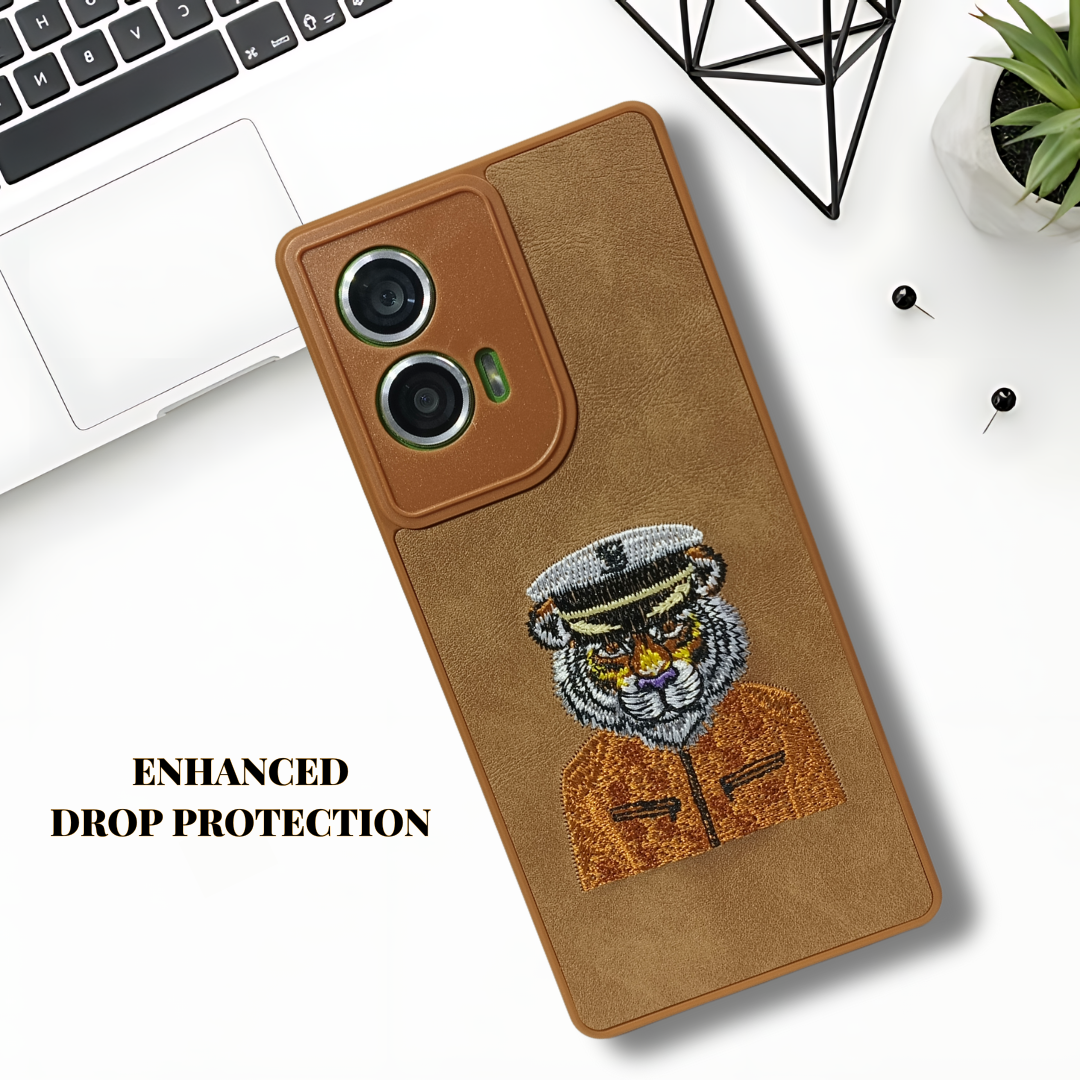 Brown Leather Captain Lion Camera Ornamented for Motorola Edge 50 Fusion