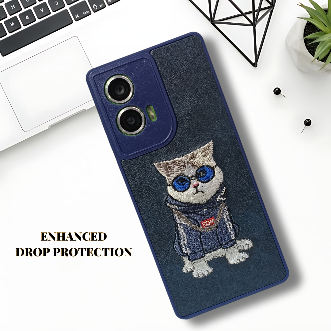 Blue`Leather Cute Cat Camera Ornamented for Motorola Edge 50 Fusion