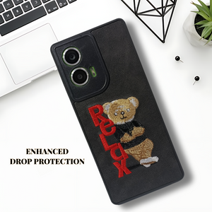 Black Leather Relax Teddy Lion Camera Ornamented for Motorola Edge 50 Fusion