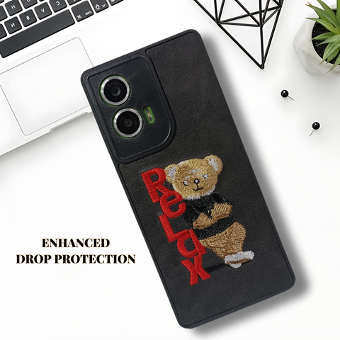 Black Leather Relax Teddy Lion Camera Ornamented for Motorola Edge 50 Fusion