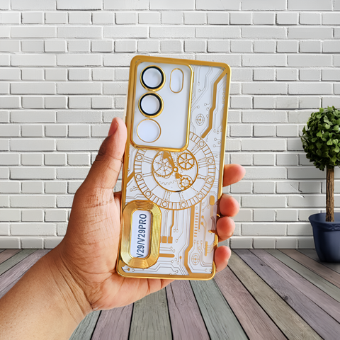 Golden Watch Machine Logo Cut Transparent Case for Vivo V29 5G
