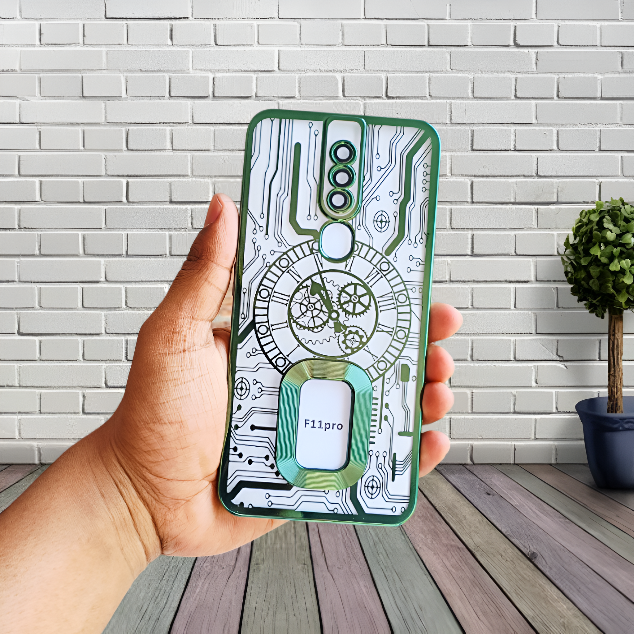 Green Watch Machine Logo Cut Transparent Case for Oppo F11 Pro