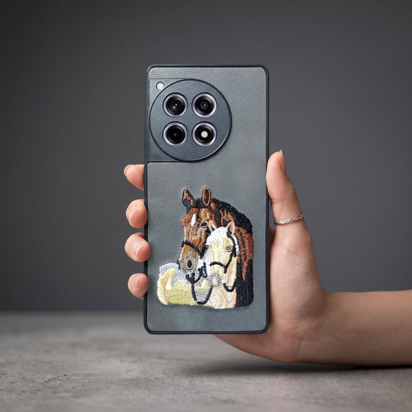 Grey Leather 2 Horse Camera Ornamented for Oneplus 12r - The Hatke