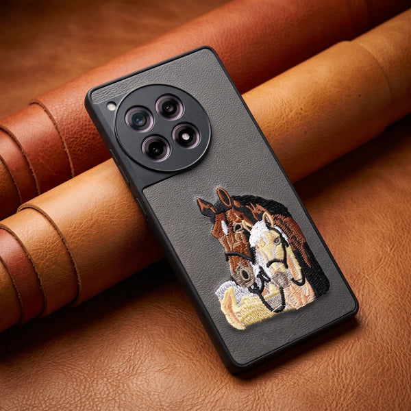 Grey Leather 2 Horse Camera Ornamented for Oneplus 12r - The Hatke