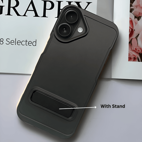 GripStand Black Silicone case for Apple iphone 16 Plus - The Hatke