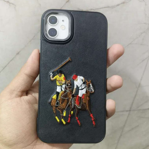 Black Leather Dual Horse rider Ornamented for Apple iPhone 11