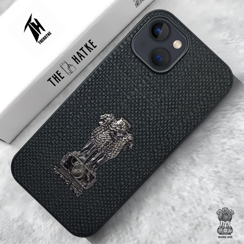 Black (Design 1) Satyameva Jayate embossed Leather Case for Apple Iphone 13