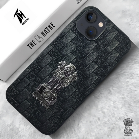 Black (Design 2) Satyameva Jayate embossed Leather Case for Apple Iphone 13