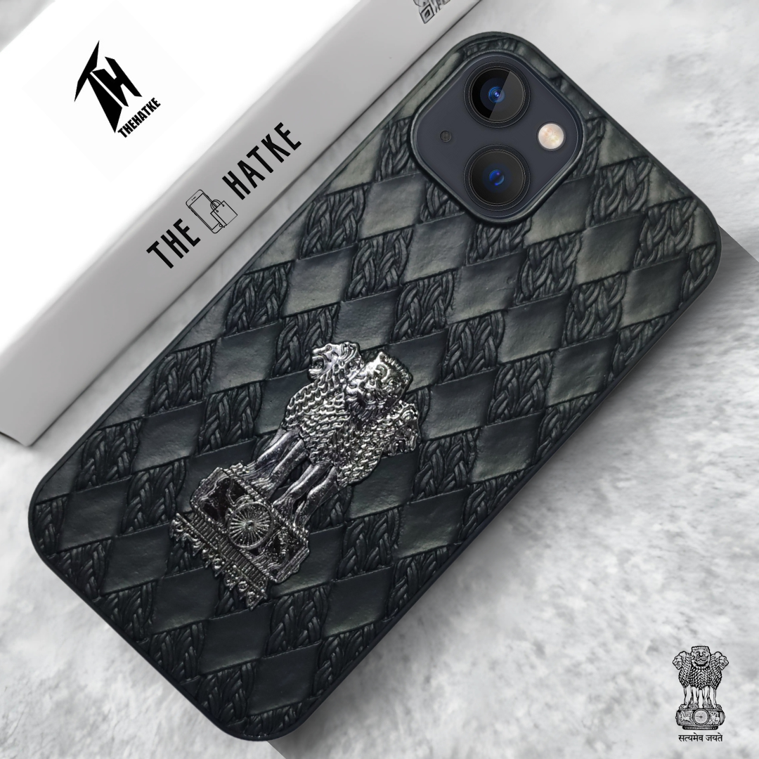 Black (Design 3) Satyameva Jayate embossed Leather Case for Apple Iphone 13