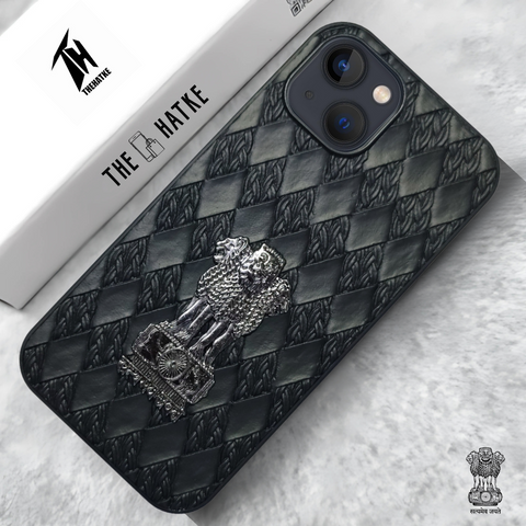 Black (Design 3) Satyameva Jayate embossed Leather Case for Apple Iphone 13