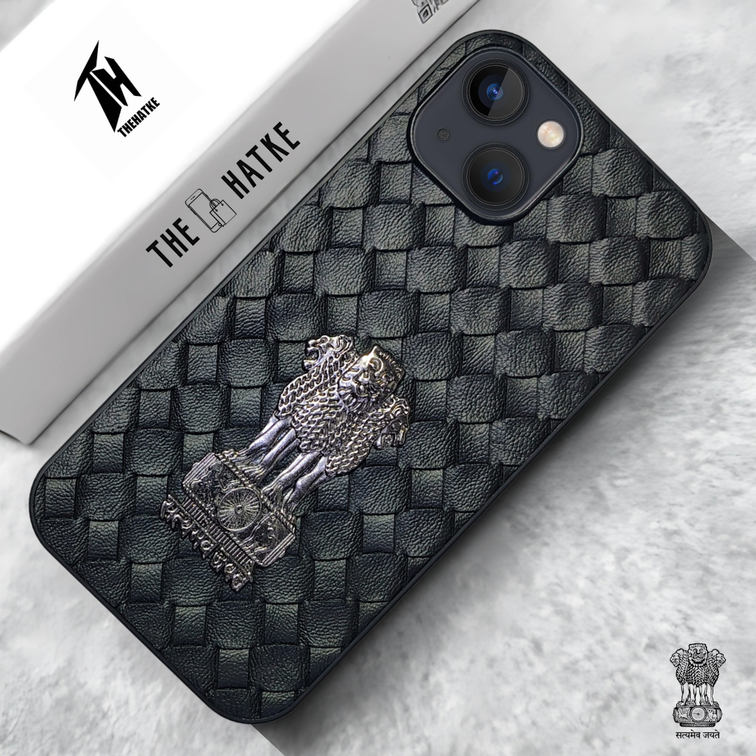 Black (Design 4) Satyameva Jayate embossed Leather Case for Apple Iphone 13