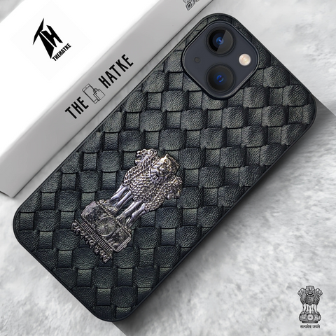 Black (Design 4) Satyameva Jayate embossed Leather Case for Apple Iphone 13