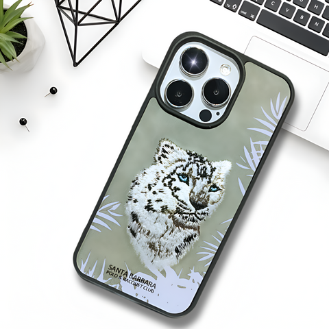 Grey Leather panther Ornamented  case for Iphone 13 Pro