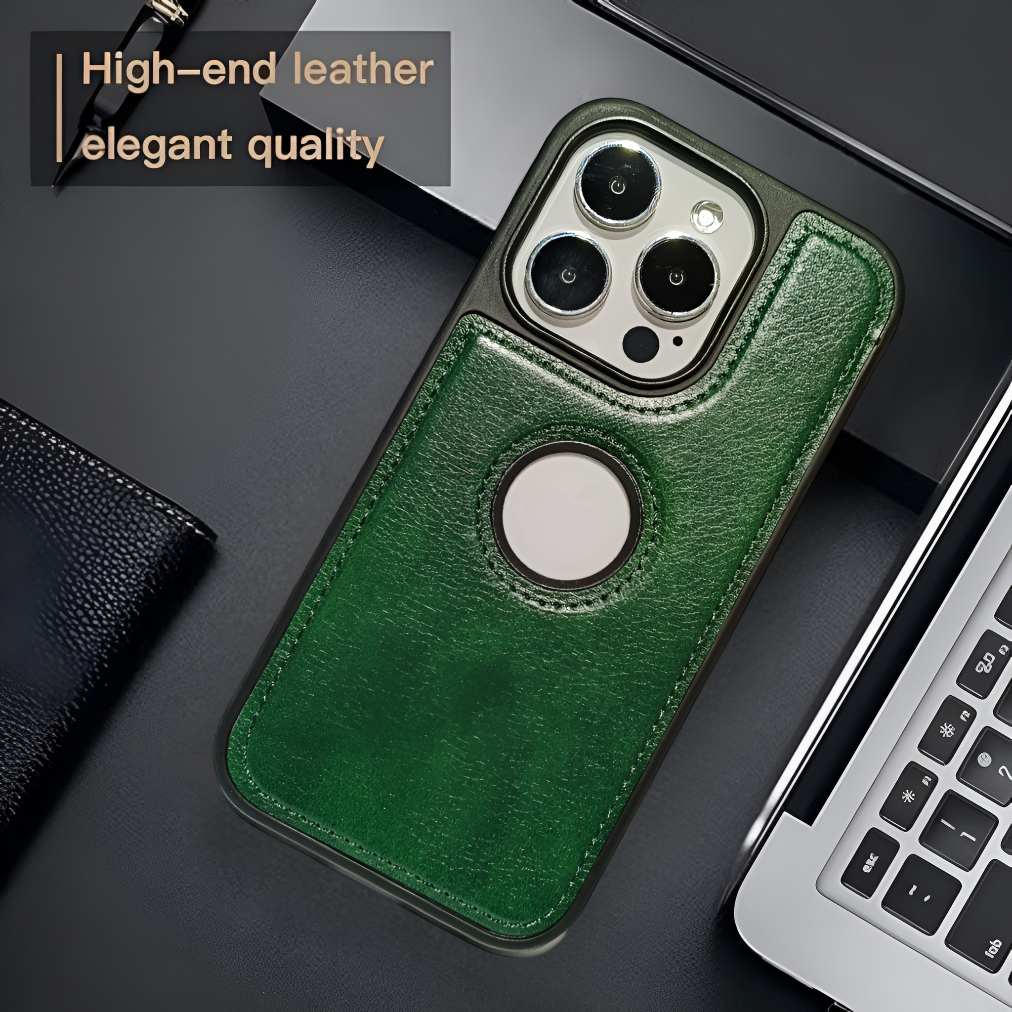 Puloka Green Logo cut Leather silicone case for Apple iPhone 14 Pro