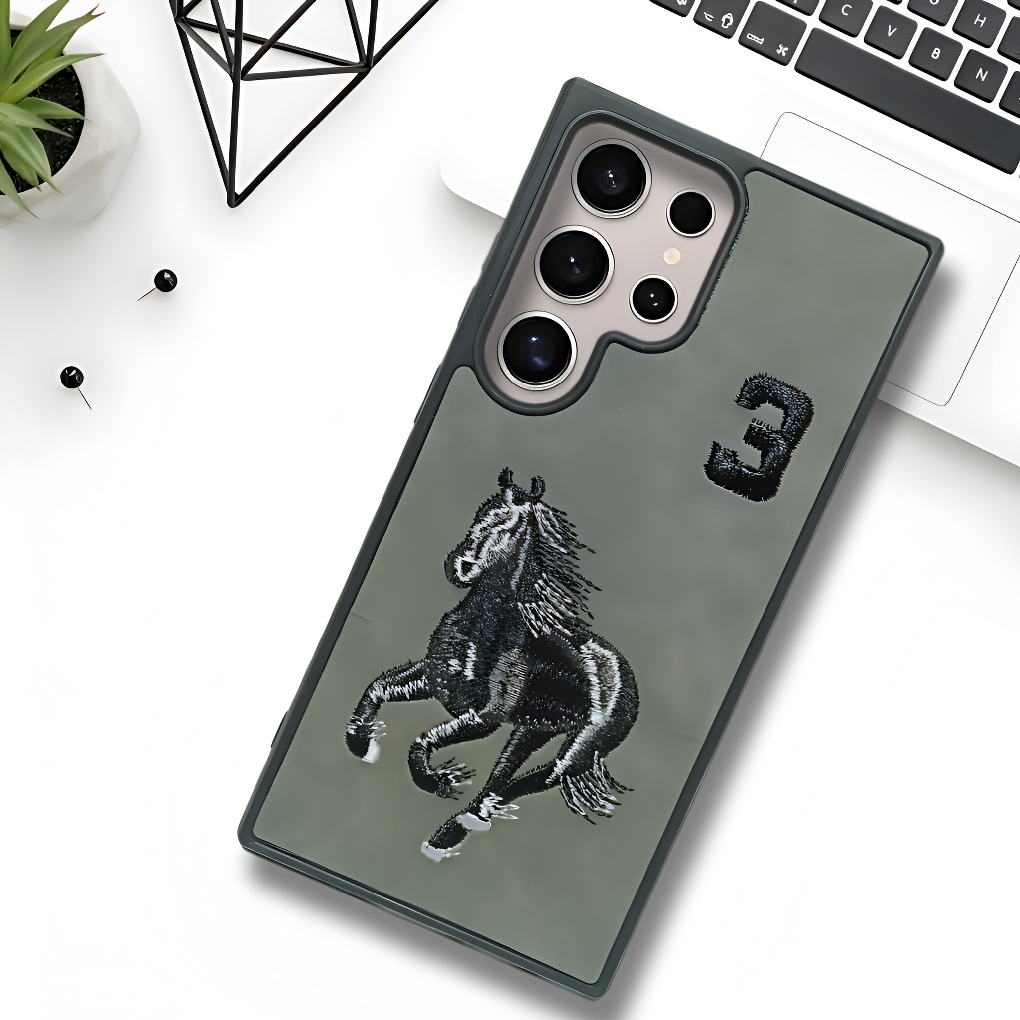 Grey Leather Horse Camera Ornamented for Samsung S24 Ultra