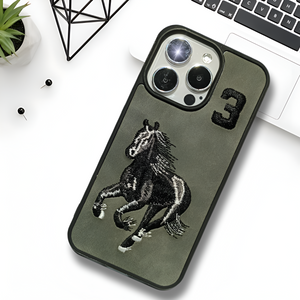 Grey Leather Horse Ornamented  Case for Iphone 13 Pro