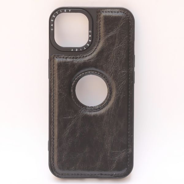 Puloka Black Logo cut Leather silicone case for Apple iPhone 15 Plus - The Hatke
