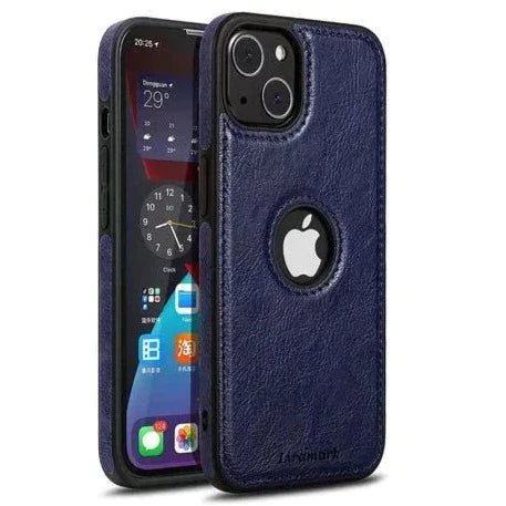 Puloka Dark Blue Logo cut Leather silicone case for Apple iPhone 15 Plus - The Hatke