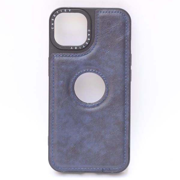 Puloka Dark Blue Logo cut Leather silicone case for Apple iPhone 15 Plus - The Hatke