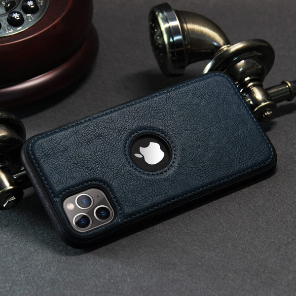 Puloka Dark Blue Logo cut Leather silicone case for Apple iPhone 15 Pro Max - The Hatke