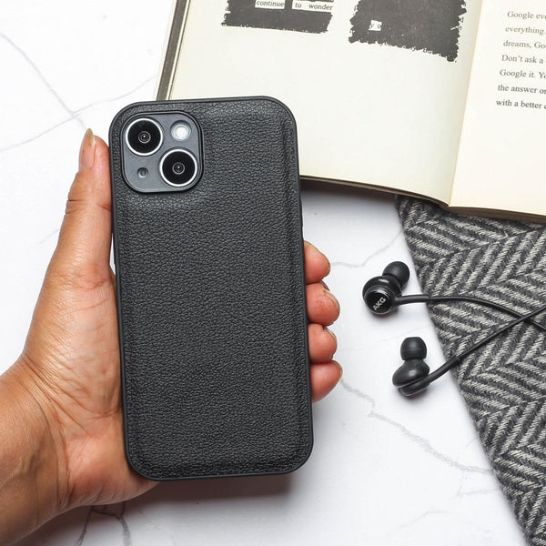 Raised Edges Black Leather Case for Apple Iphone 15 - The Hatke