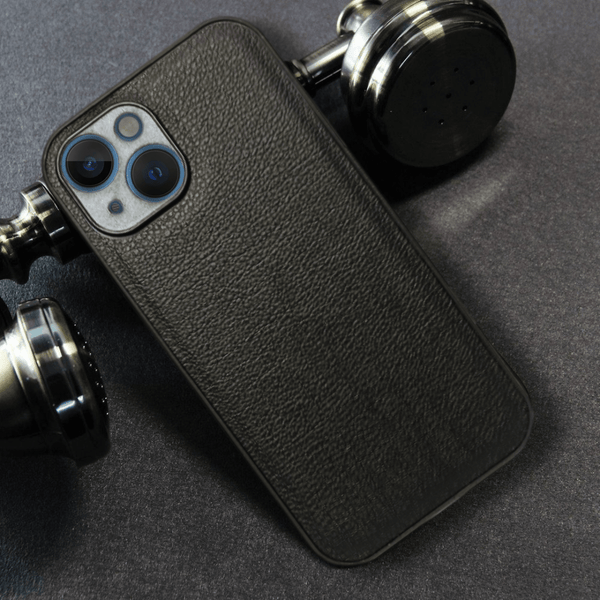 Raised Edges Black Leather Case for Apple Iphone 15 - The Hatke