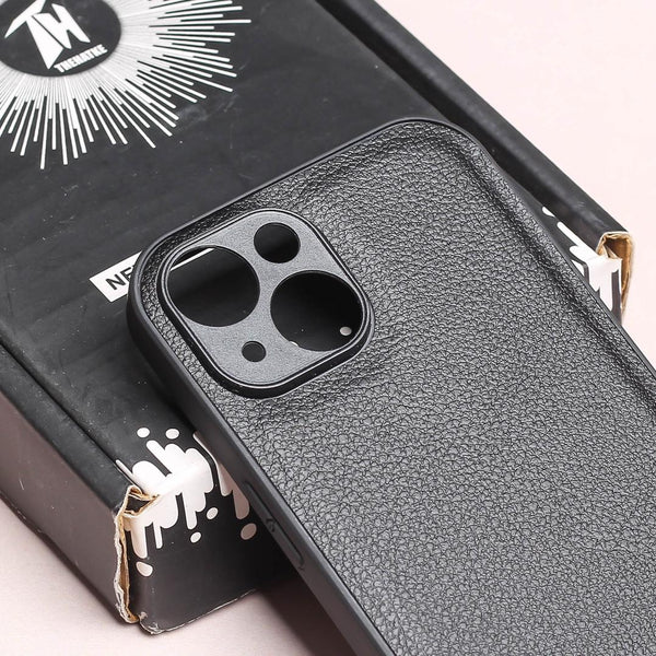 Raised Edges Black Leather Case for Apple Iphone 15 - The Hatke