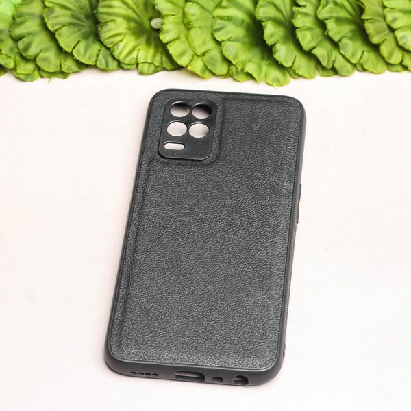 Raised Edges Black Leather Case for Realme 8 - The Hatke