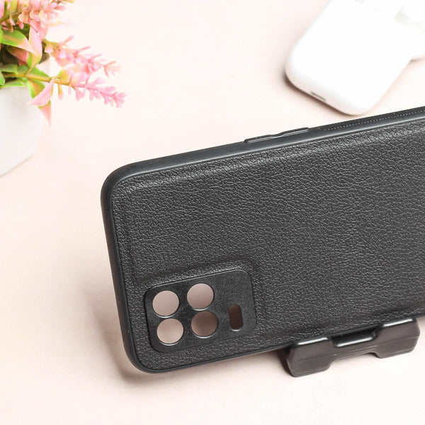 Raised Edges Black Leather Case for Realme 8 - The Hatke