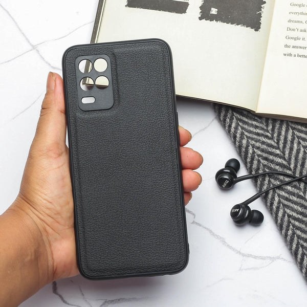 Raised Edges Black Leather Case for Realme 8 - The Hatke