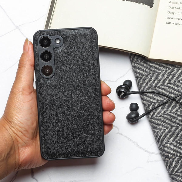 Raised Edges Black Leather Case for Samsung S23 - The Hatke