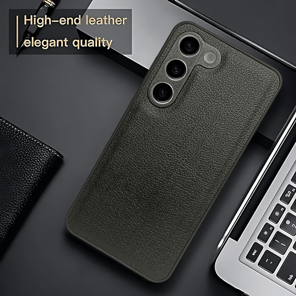 Raised Edges Black Leather Case for Samsung S23 - The Hatke