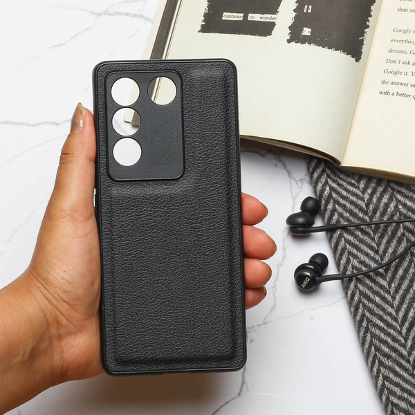 Raised Edges Black Leather Case for Vivo V27 - The Hatke