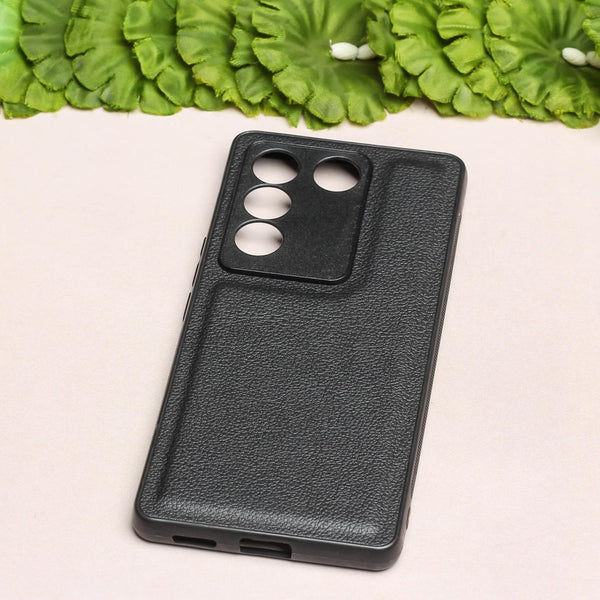 Raised Edges Black Leather Case for Vivo V27 - The Hatke