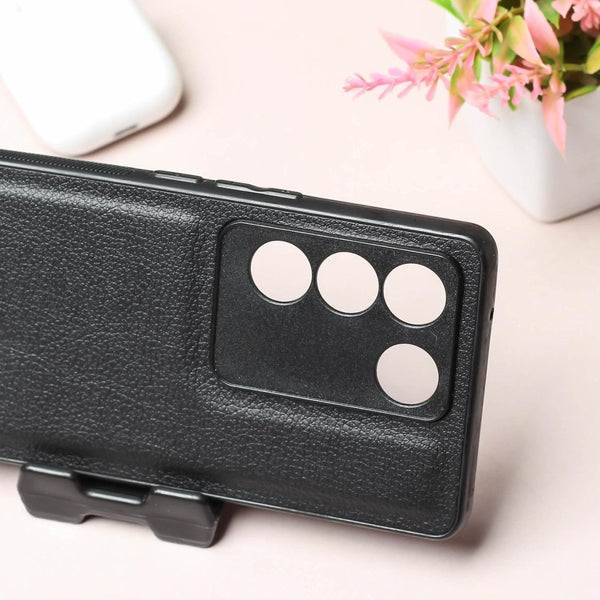 Raised Edges Black Leather Case for Vivo V27 - The Hatke