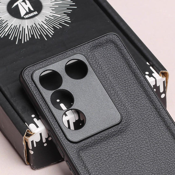 Raised Edges Black Leather Case for Vivo V27 - The Hatke