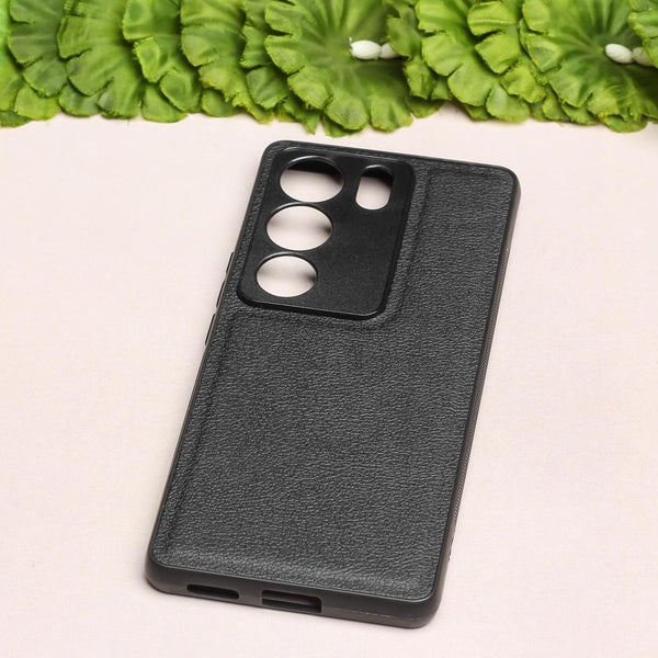 Raised Edges Black Leather Case for Vivo V29 - The Hatke