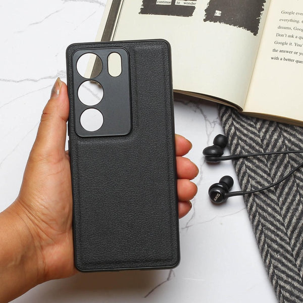 Raised Edges Black Leather Case for Vivo V29 - The Hatke