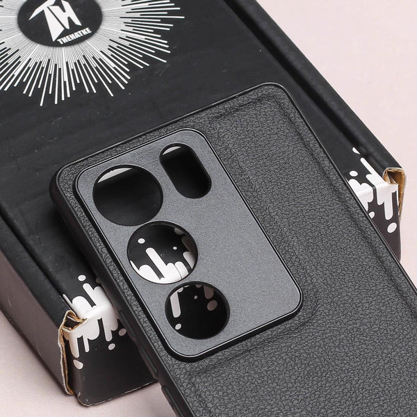 Raised Edges Black Leather Case for Vivo V29 - The Hatke