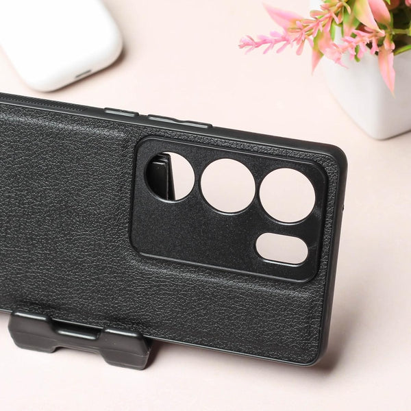 Raised Edges Black Leather Case for Vivo V29 - The Hatke