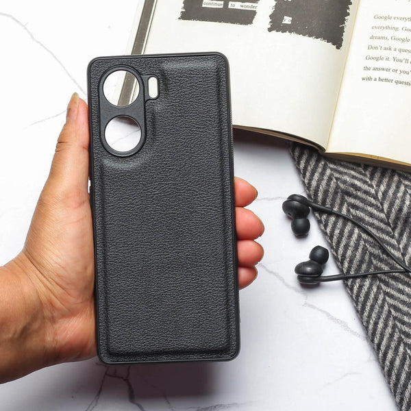 Raised Edges Black Leather Case for Vivo V29E - The Hatke