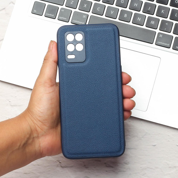 Raised Edges Blue Leather Case for Realme 8 - The Hatke