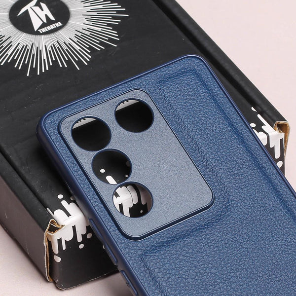 Raised Edges Blue Leather Case for Vivo V27 - The Hatke
