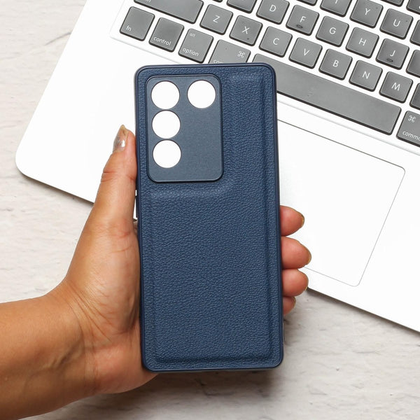 Raised Edges Blue Leather Case for Vivo V27 - The Hatke
