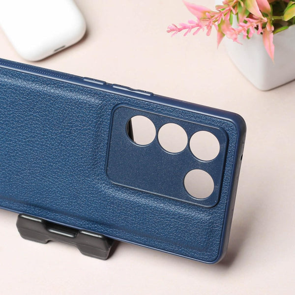 Raised Edges Blue Leather Case for Vivo V27 - The Hatke