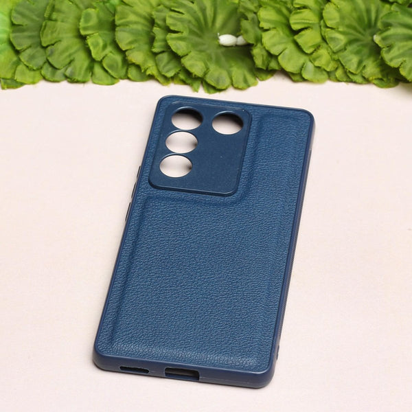 Raised Edges Blue Leather Case for Vivo V27 - The Hatke