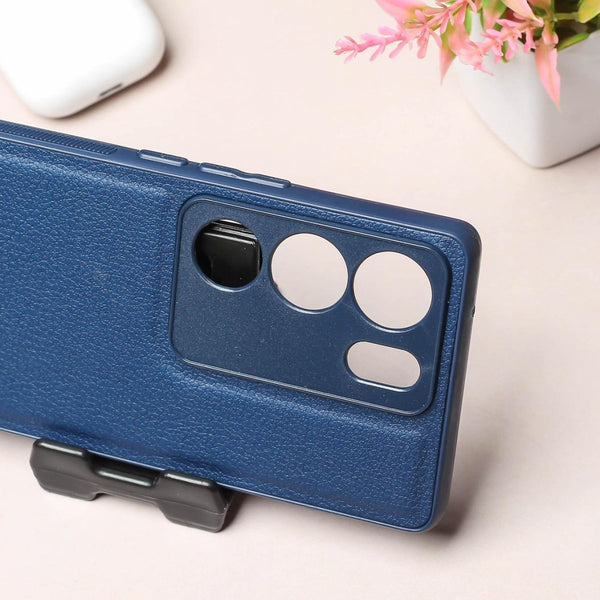 Raised Edges Blue Leather Case for Vivo V29 - The Hatke