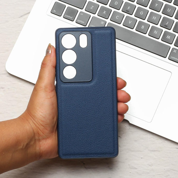 Raised Edges Blue Leather Case for Vivo V29 - The Hatke