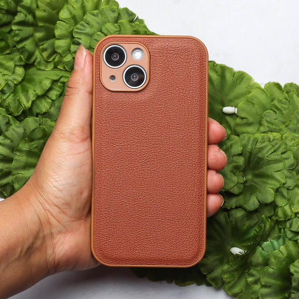 Raised Edges Brown Leather Case for Apple Iphone 15 - The Hatke