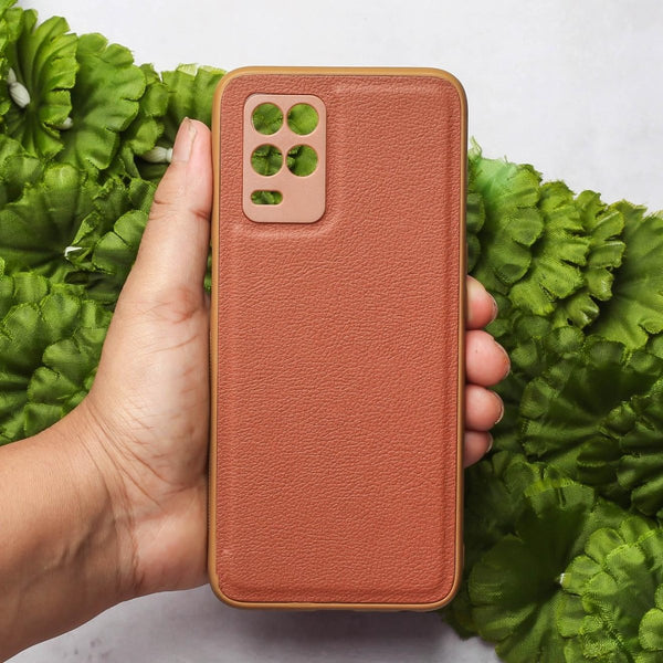 Raised Edges Brown Leather Case for Realme 8 - The Hatke
